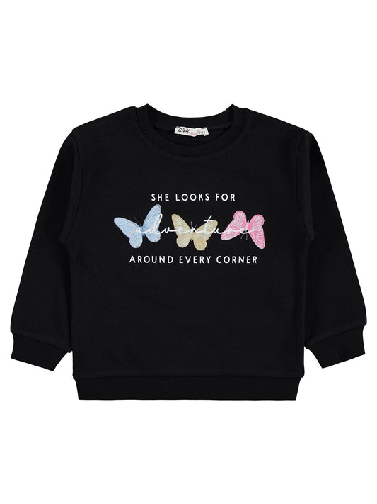 Civil Kız Çocuk Renkli Kelebek Baskılı Sweatshirt | İnterlok Uzun Kol | Okul Kreş ve Günlük Kullanım - Siyah
