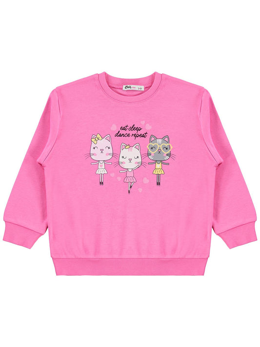 Civil Girls Kız Çocuk Kediler Baskılı Sweatshirt | İnterlok Uzun Kol | Okul Kreş ve Günlük Kullanım - Pembe