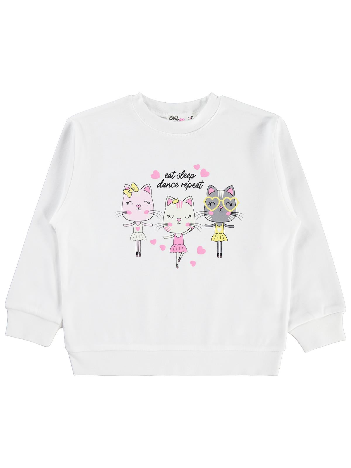 Civil Girls Kız Çocuk Kediler Baskılı Sweatshirt | İnterlok Uzun Kol | Okul Kreş ve Günlük Kullanım - Ekru