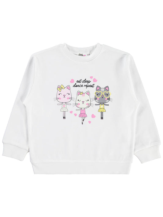 Civil Girls Kız Çocuk Kediler Baskılı Sweatshirt | İnterlok Uzun Kol | Okul Kreş ve Günlük Kullanım - Ekru