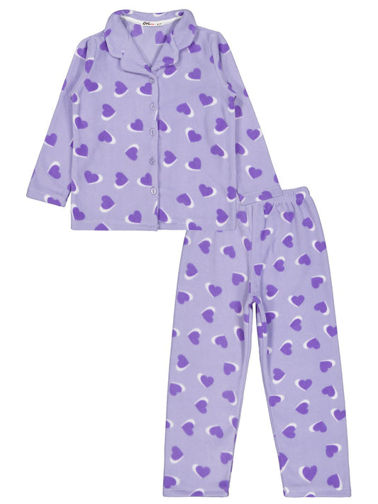 Civil Girls  Kız Çocuk Kalp Desenli Pijama Takımı | Polar-Polar Uzun Kol | Okul Kreş ve Günlük Kullanım - Lila