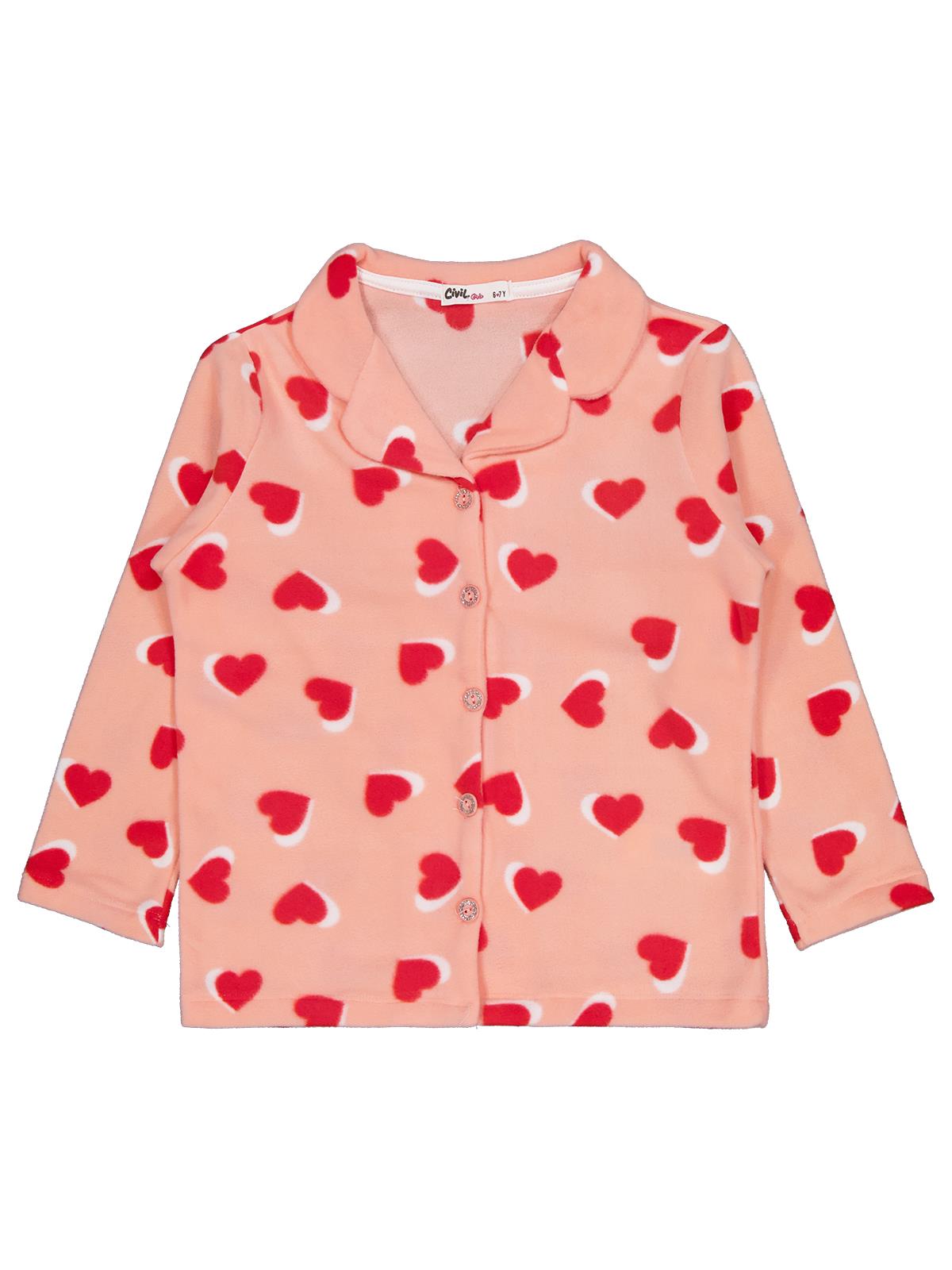 Civil Girls  Kız Çocuk Kalp Desenli Pijama Takımı | Polar-Polar Uzun Kol | Okul Kreş ve Günlük Kullanım - Pudra