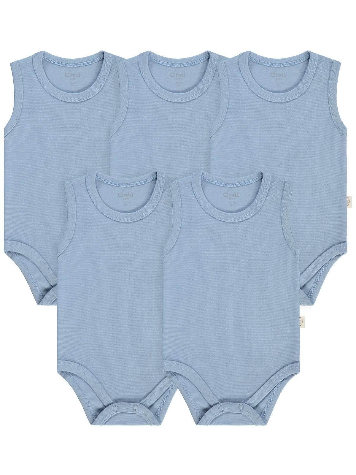 Civil Baby 5'li Organik Çıtçıtlı Badi Seti | Pamuklu Kolsuz | Ribana Bebek Atlet - Mavi
