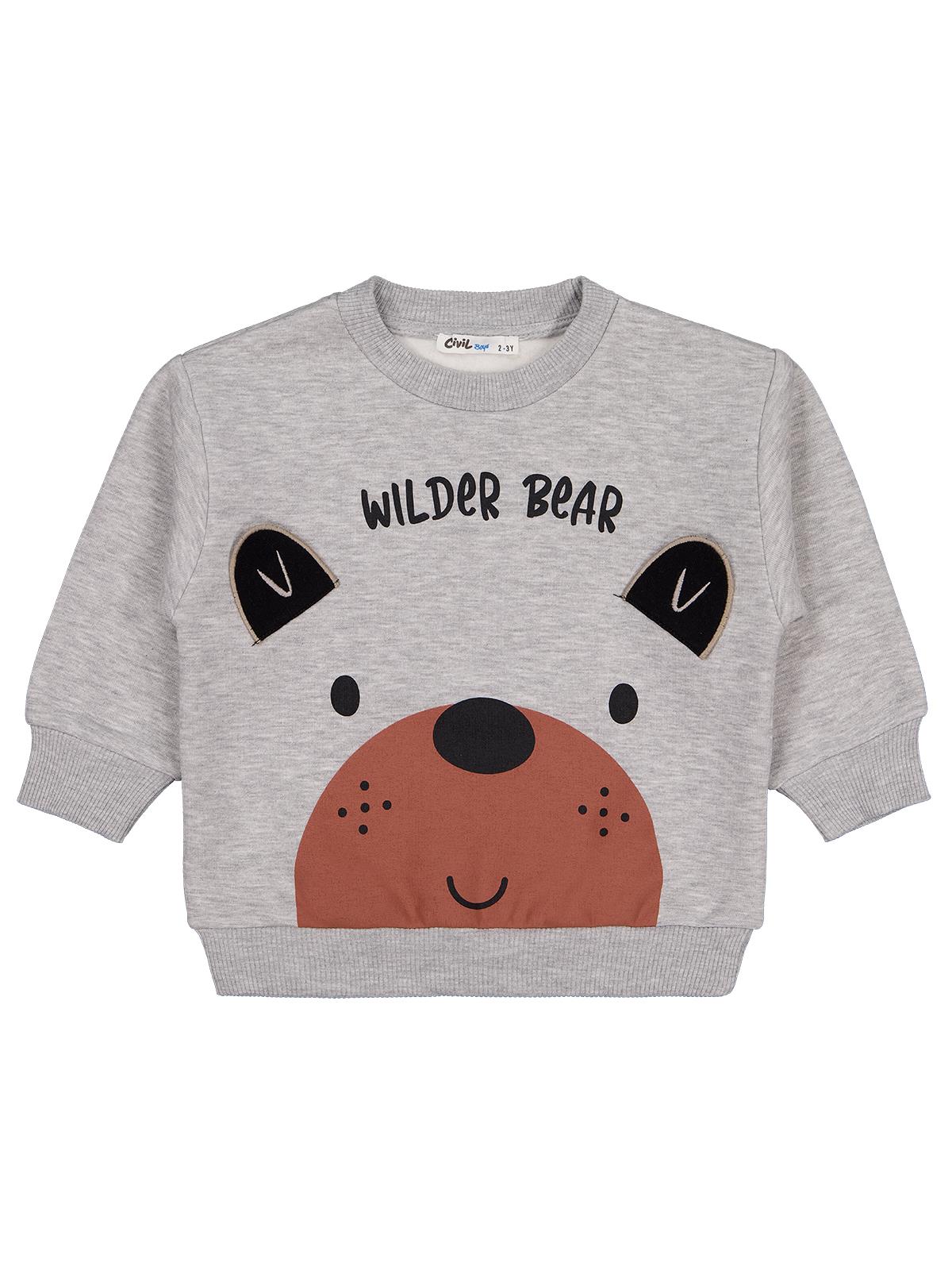 Civil Erkek Çocuk Bear Baskı-Nakışlı Sweatshirt | 3 İp Uzun Kol | Okul Kreş ve Günlük Kullanım - Gri