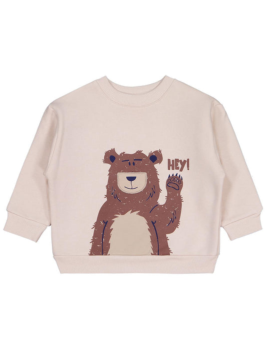 Civil Erkek Çocuk Hey Ayı Baskılı Sweatshirt | 3 İp Uzun Kol | Okul Kreş ve Günlük Kullanım - Bej