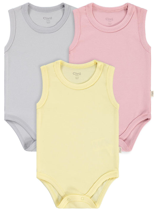 Civil Baby 3'lü Düz Sıfır Kol 3-36 Ay Çıtçıtlı Badi - Pembe