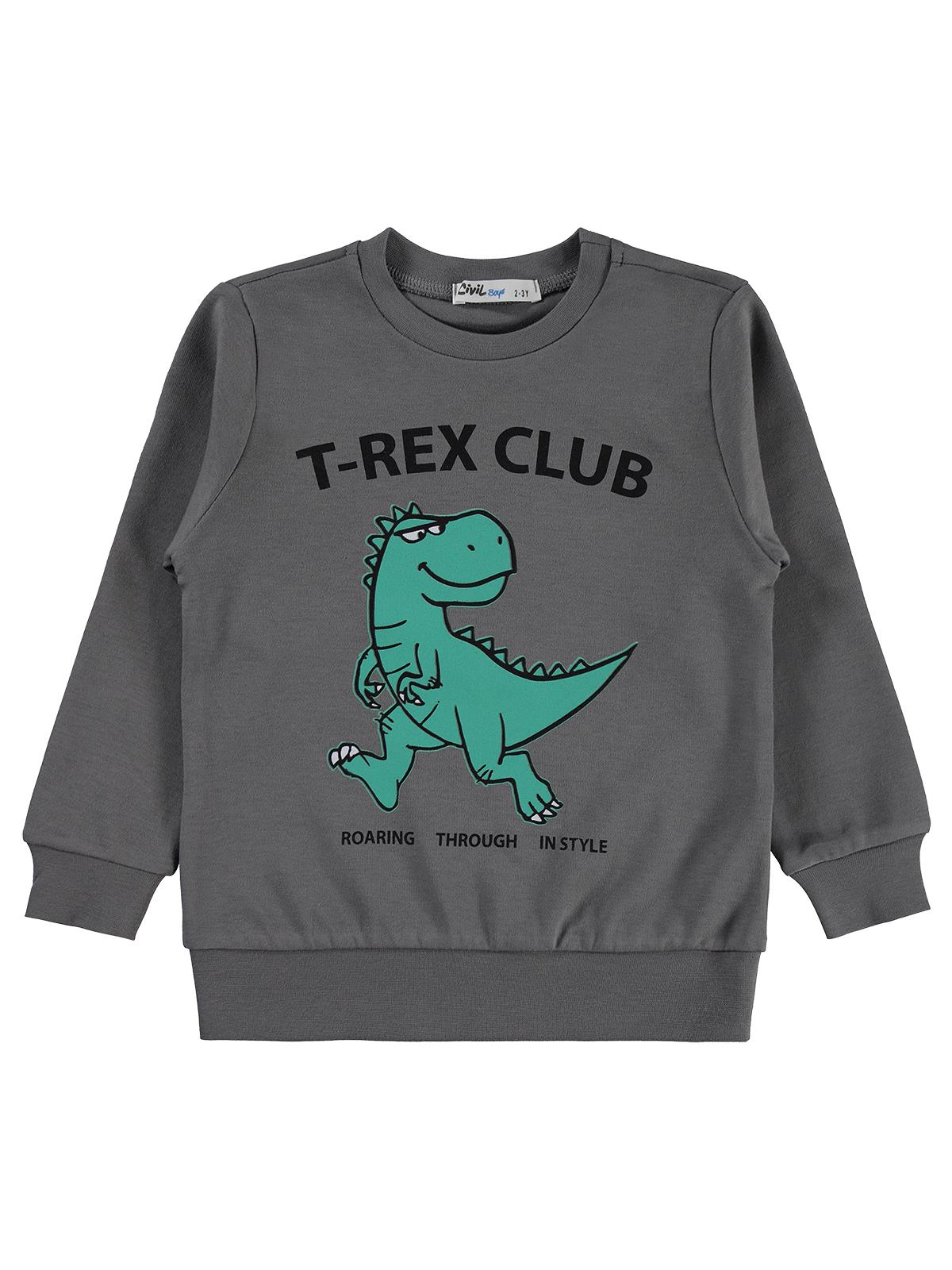 Civil Erkek Çocuk Trex Club Baskılı Sweatshirt Km | İnterlok Uzun Kol | Okul Kreş ve Günlük Kullanım - Gri