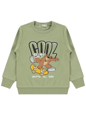 Civil Erkek Çocuk Cool Baskılı Sweatshirt Km | İnterlok Uzun Kol | Okul Kreş ve Günlük Kullanım - Haki