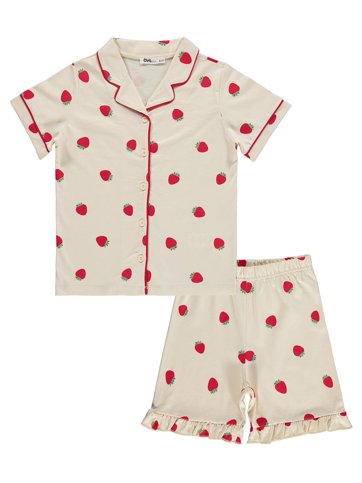 Civil Girls Çilek Desenli Şortlu 10-13 Yaş Pijama Takımı - Fil Dişi