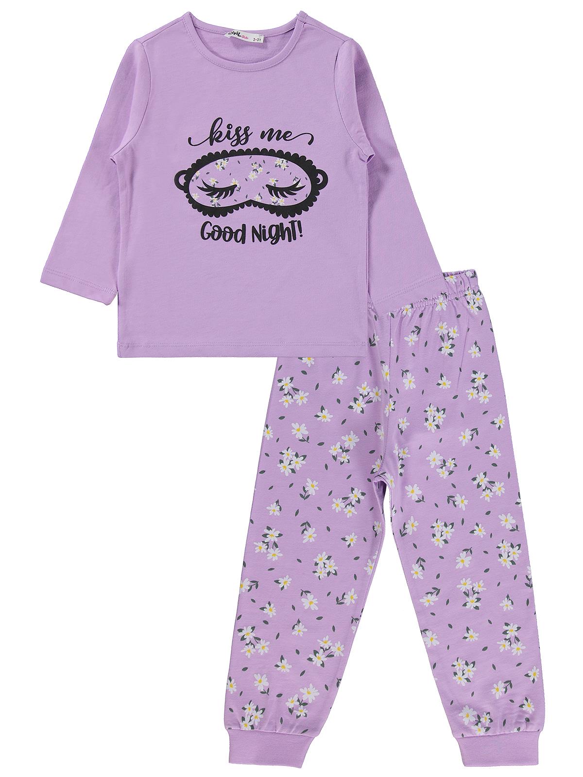 Civil Kız Çocuk Çiçek Desenli Pijama Takımı | Süprem Uzun Kol | Okul Kreş ve Günlük Kullanım - Lila