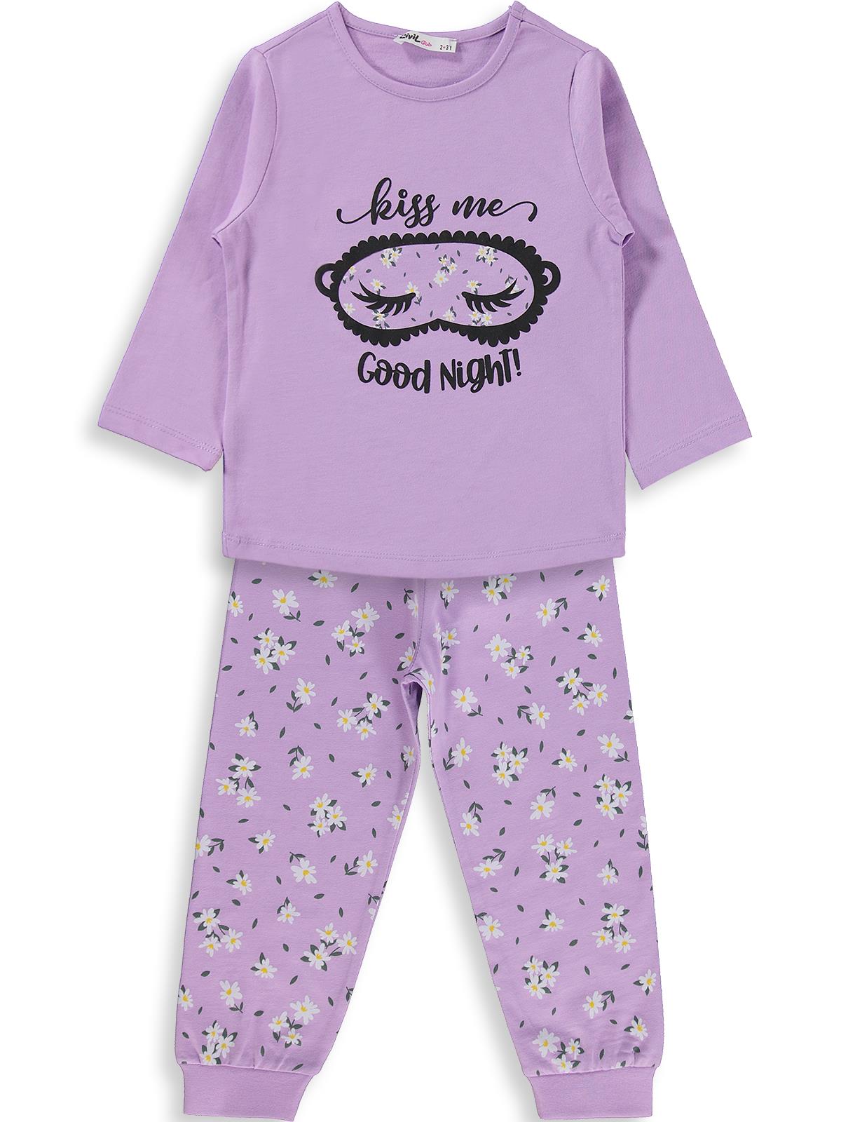 Civil Kız Çocuk Çiçek Desenli Pijama Takımı | Süprem Uzun Kol | Okul Kreş ve Günlük Kullanım - Lila