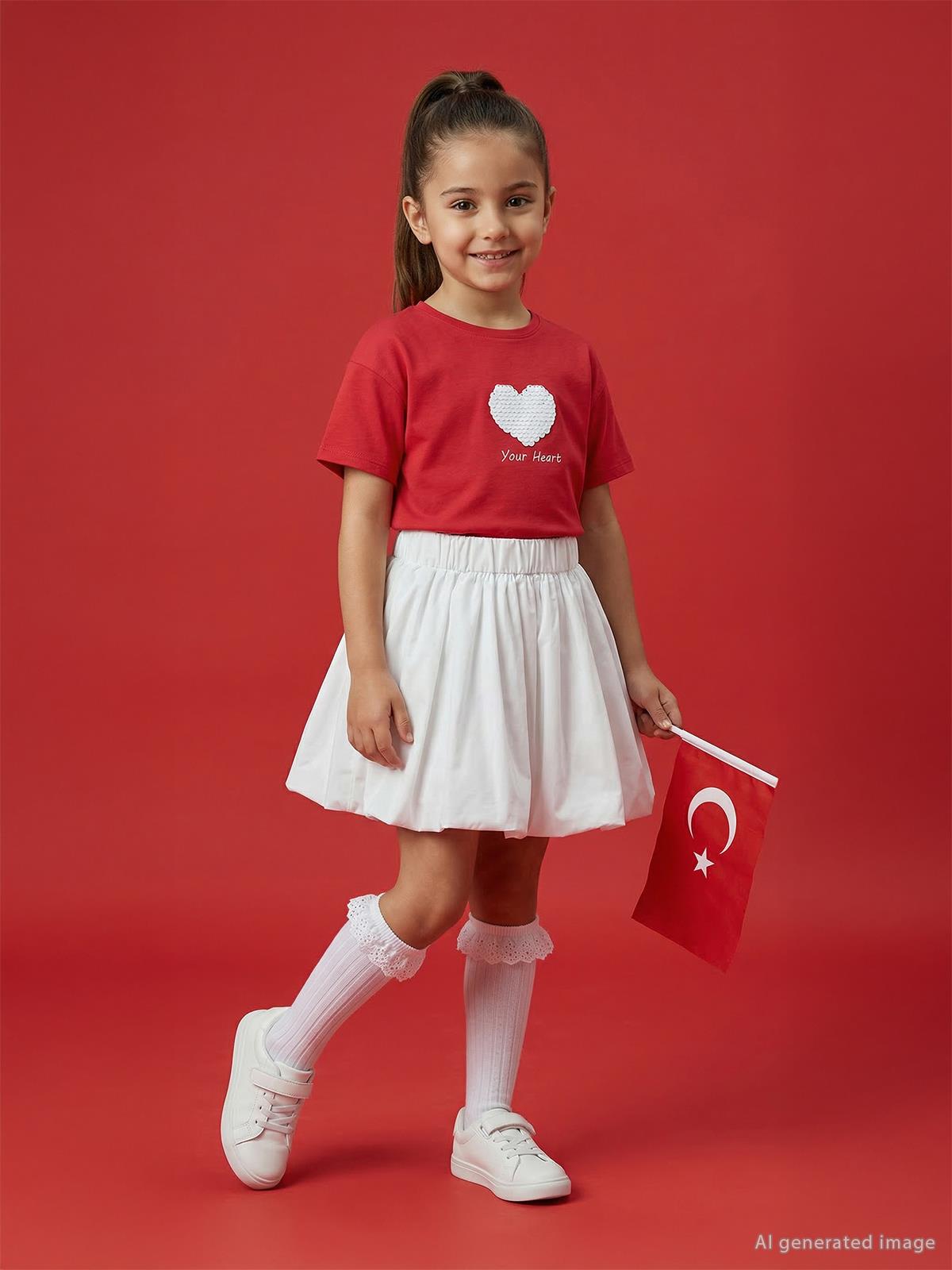 Civil Girls Kalpli 4-9 Yaş Tişört - Kırmızı