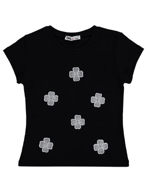 Civil Girls Çiçekli 4-9 Yaş Tişört - Siyah