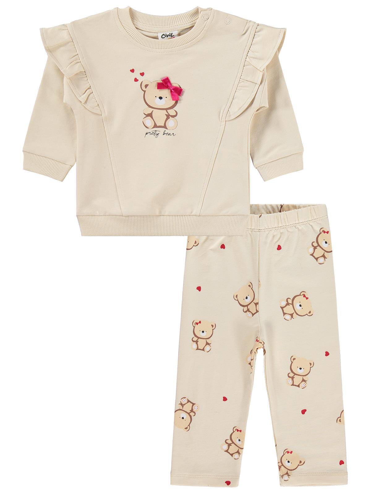 Civil Baby Fiyonklu Ayıcık Baskılı 6-18 Ay Takım - Bej