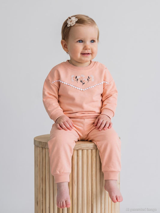 Civil Baby Çiçek Nakışlı 6-18 Ay Takım - Pudra