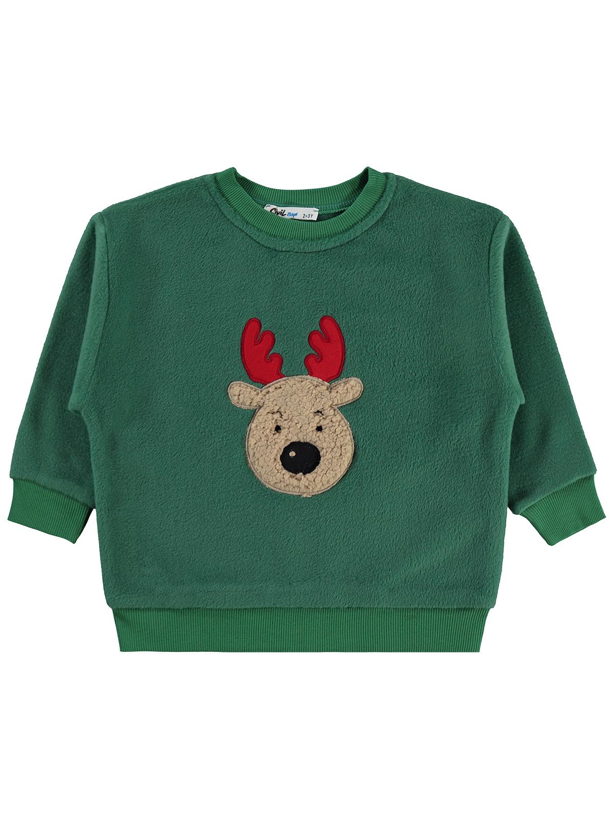 Civil Boys Erkek Çocuk Geyik Nakışlı Sweatshirt | Polar Uzun Kol | Okul Kreş ve Günlük Kullanım - Yeşil