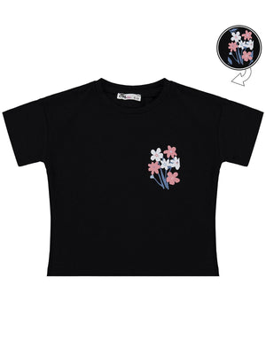 Civil Girls Renkli Çiçek Baskılı 6-9 Yaş Tişört - Siyah