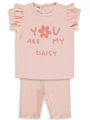 Civil Baby Yazı-Çiçek Baskı Nakış 6-18 Ay Takım - Pudra