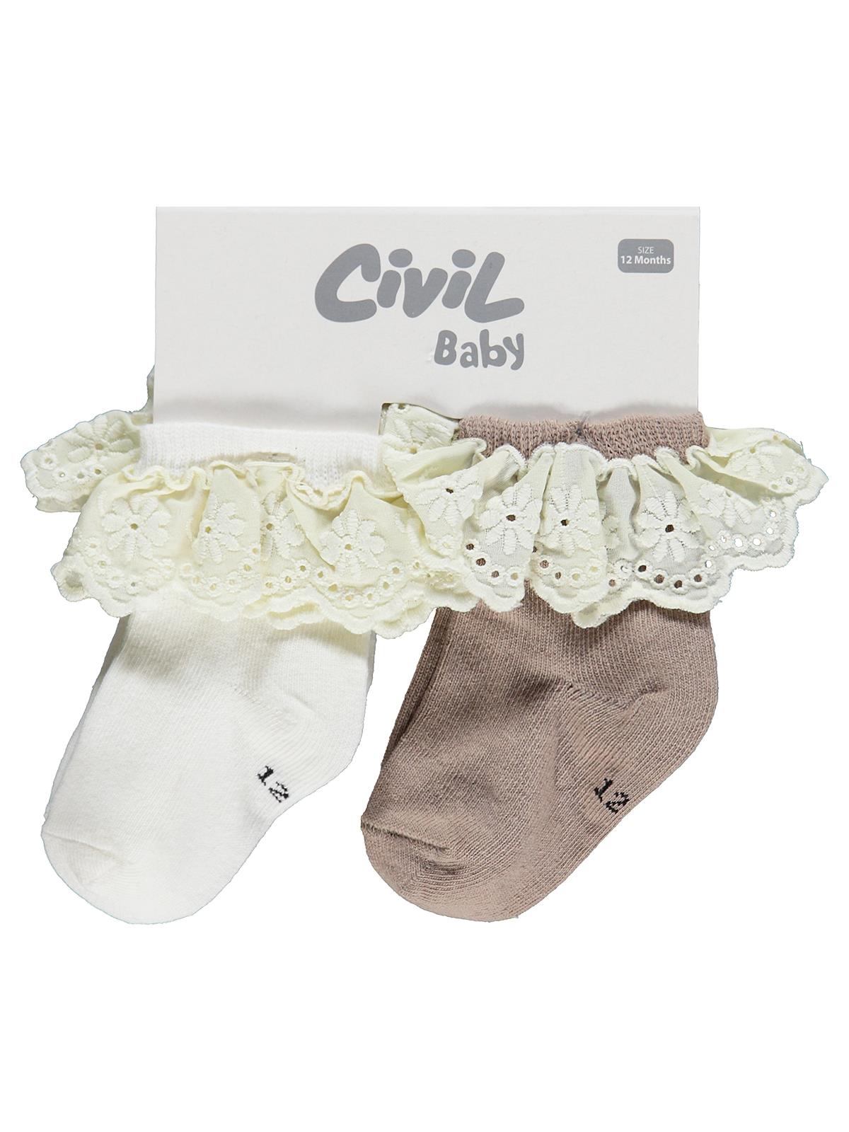 Civil Baby Çift Dantel Aksesuarlı 2'li 6- Bebek Kız Çorap Set