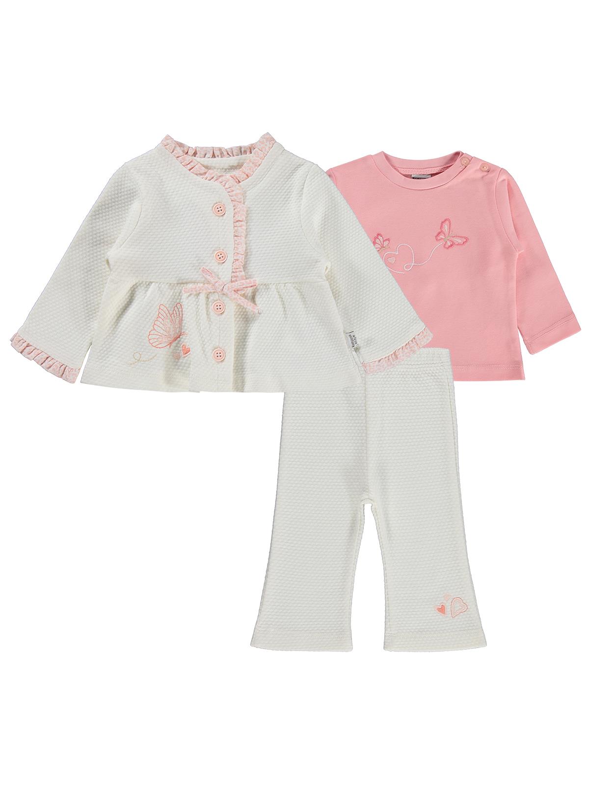 Lüks Kumru Tekstil  Kelebek Nakışlı 3 lü Hırkalı 6-18 Ay Takım - Bej