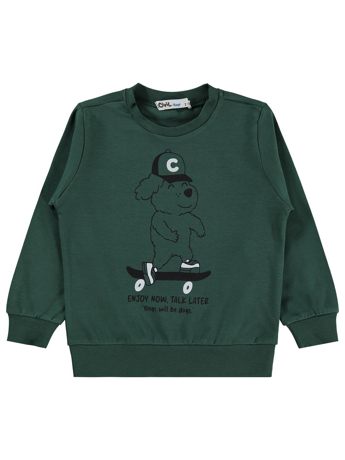 Civil Erkek Çocuk Kaykay Köpek Baskılı Sweatshirt Km | İnterlok | Okul Kreş ve Günlük Kullanım - Yeşil