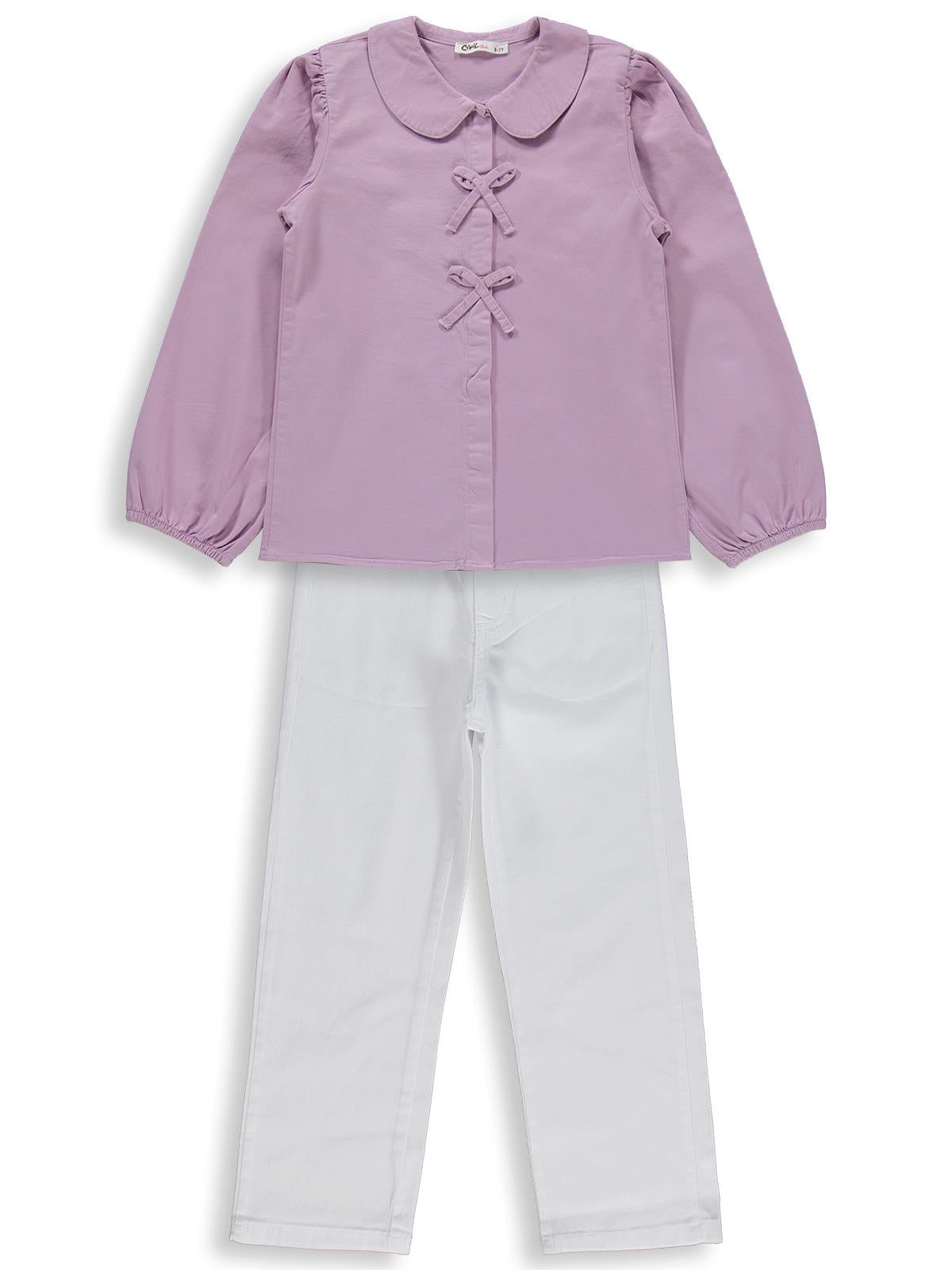 Civil Girls Fiyonklu Gömlek Pantolon İkili 6-9 Yaş Takım - Lila