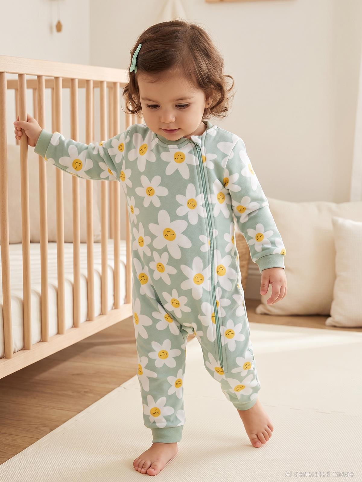 Civil Baby Çiçek Empirme | 2.5 TOG Uyku Tulumu| Pamuklu İnterlok | Uzun Kollu Bisiklet Yaka - Yeşil