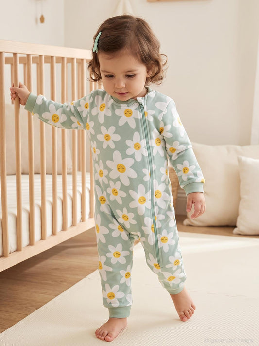 Civil Baby Çiçek Empirme | 2.5 TOG Uyku Tulumu| Pamuklu İnterlok | Uzun Kollu Bisiklet Yaka - Yeşil