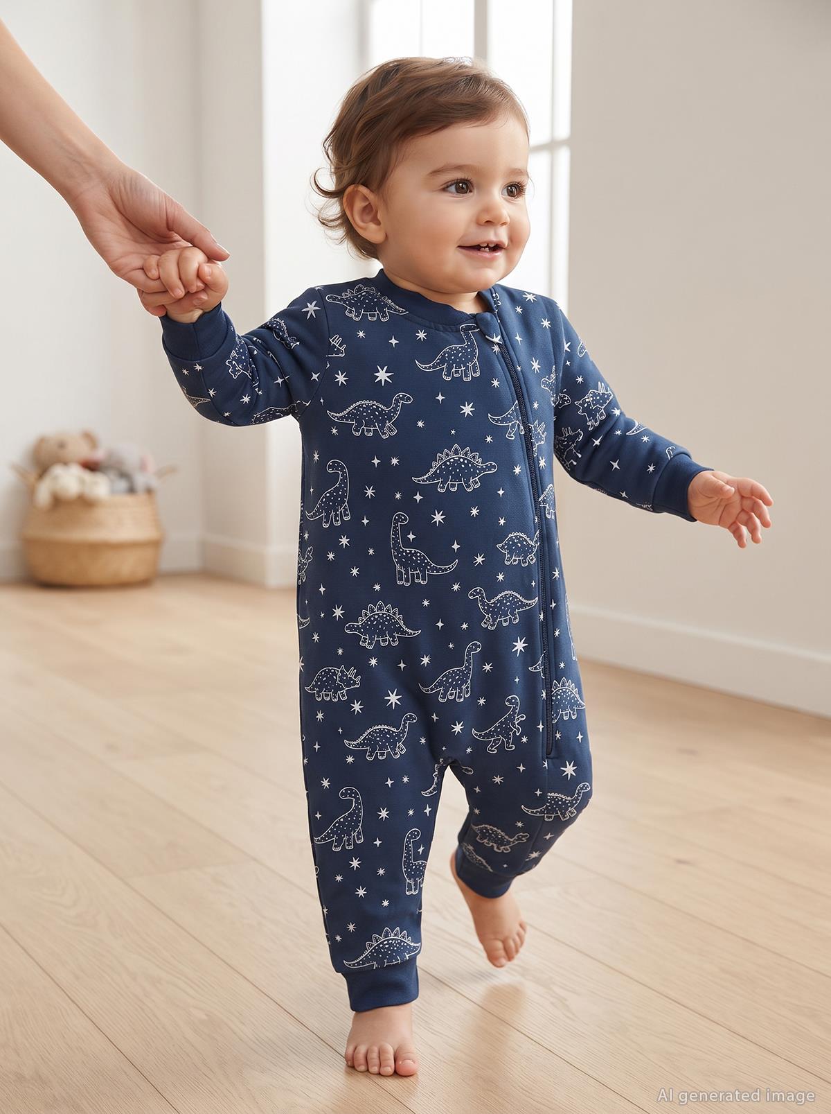 Civil Baby Dino Empirme | 1.2 TOG Uyku Tulumu| Pamuklu Süprem | Uzun Kollu Bisiklet Yaka - Lacivert