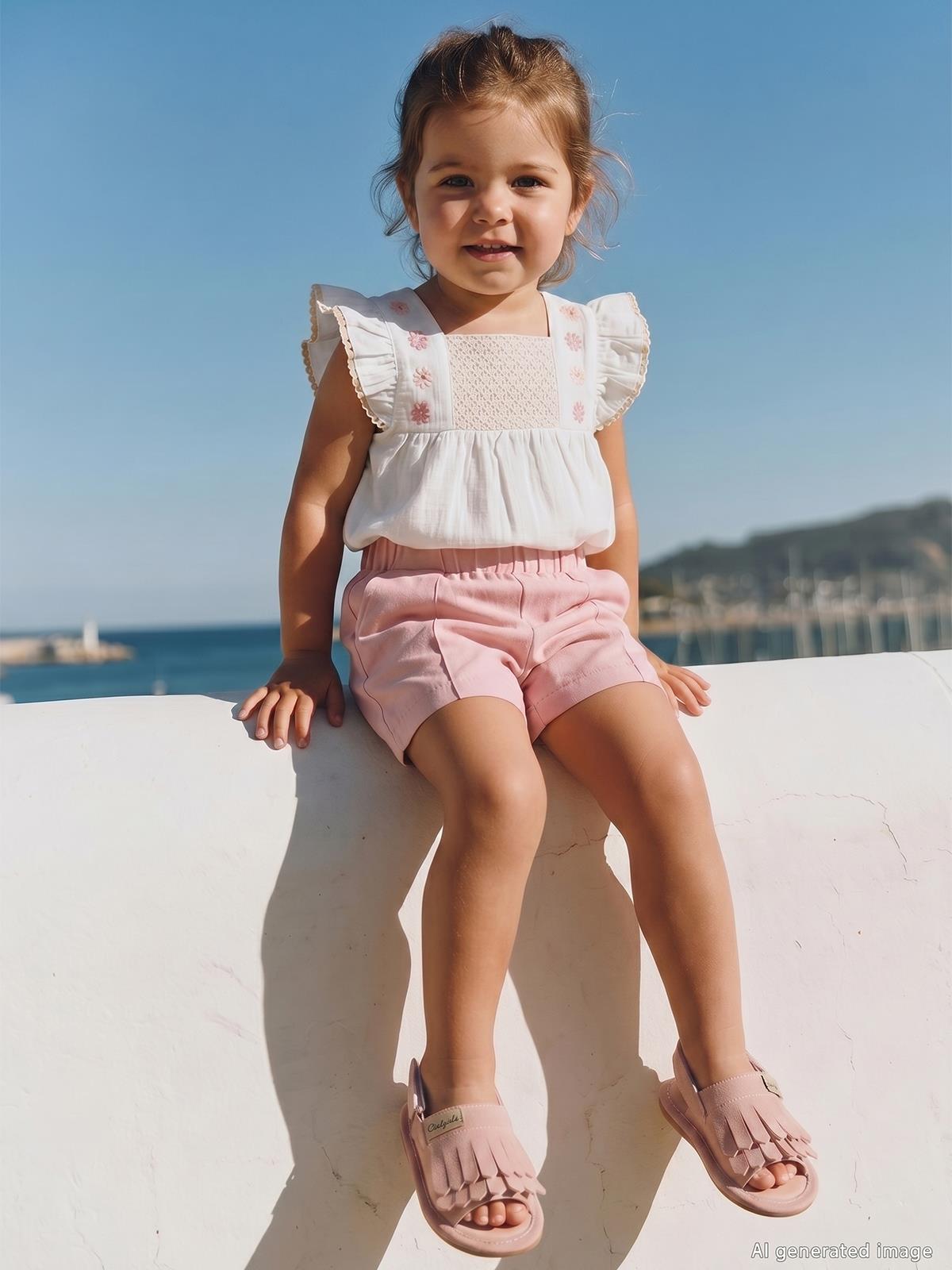 Civil Girls Fırfırlı Çiçek Nakışlı 2-5 Yaş Takım - Bej