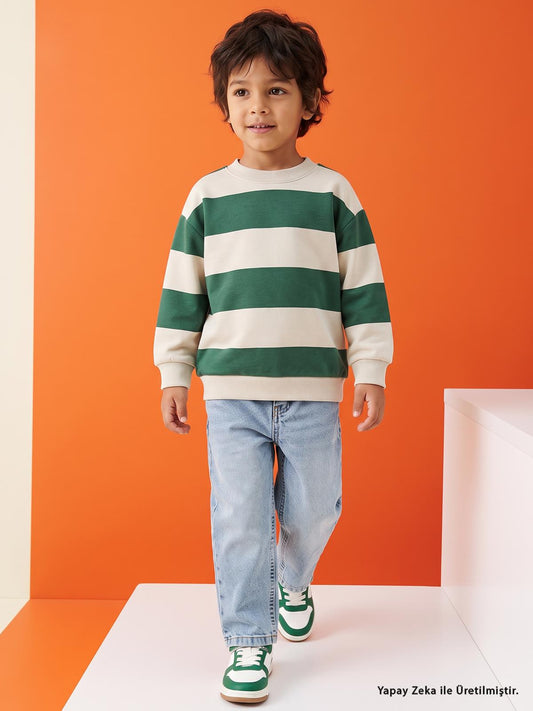 Civil Boys Erkek Çocuk Kalın Çizgili Basic Sweatshirt | 2 İp Uzun Kol | Okul Kreş ve Günlük Kullanım - Yeşil