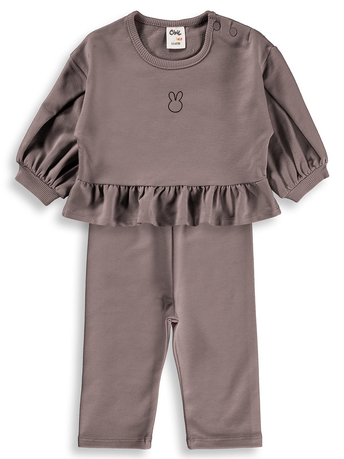 Civil Baby Tavşan Baskılı Fırfırlı 6-18 Ay Takım - Kahverengi