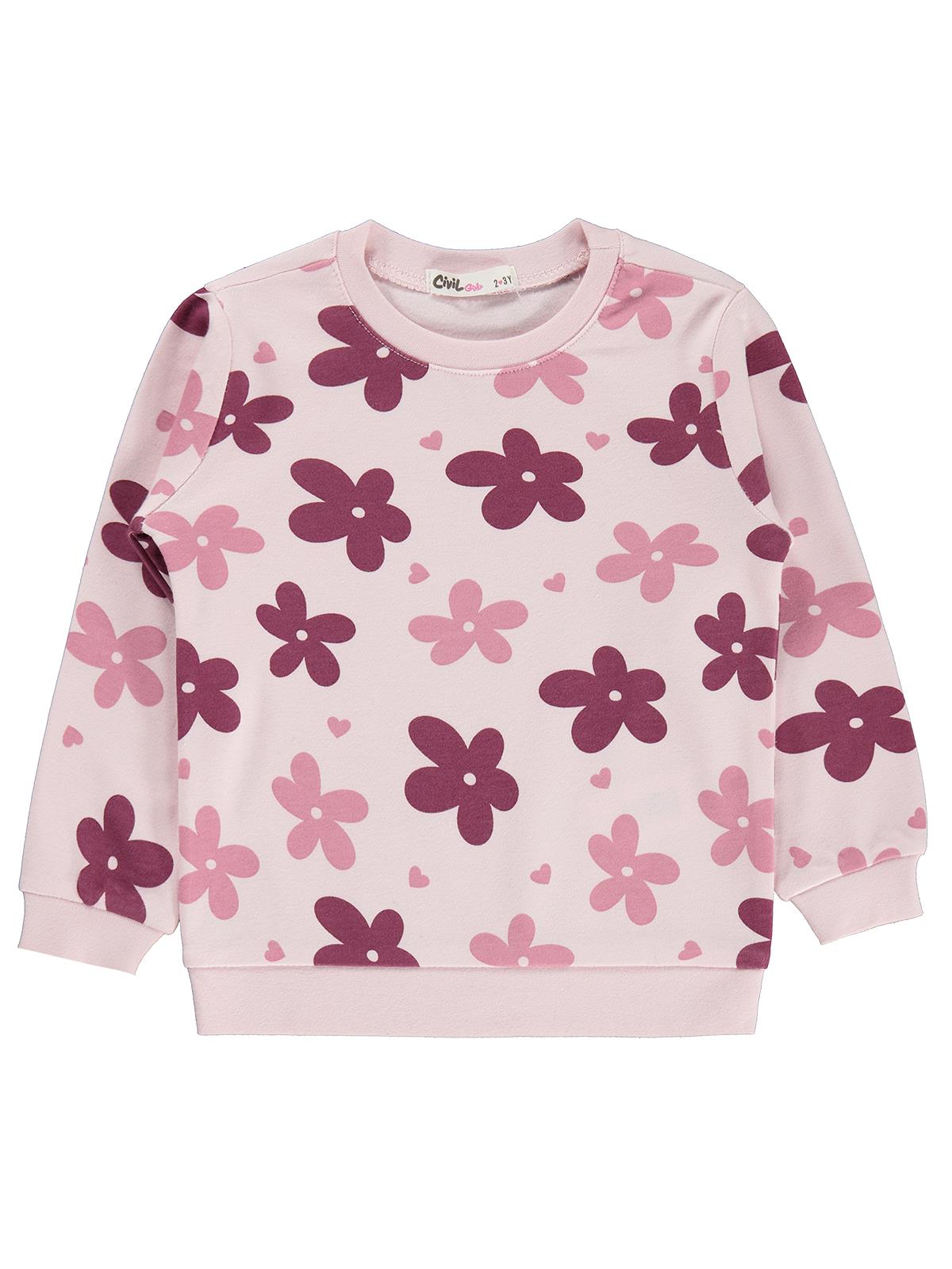 Civil Kız Çocuk Büyük Çiçek Desenli Sweatshirt Km | İnterlok Uzun Kol | Okul Kreş ve Günlük Kullanım - Pembe