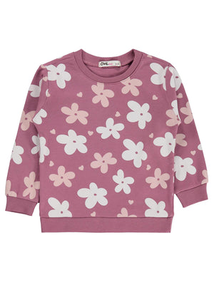 Civil Kız Çocuk Büyük Çiçek Desenli Sweatshirt | İnterlok Uzun Kol | Okul Kreş ve Günlük Kullanım - Lila