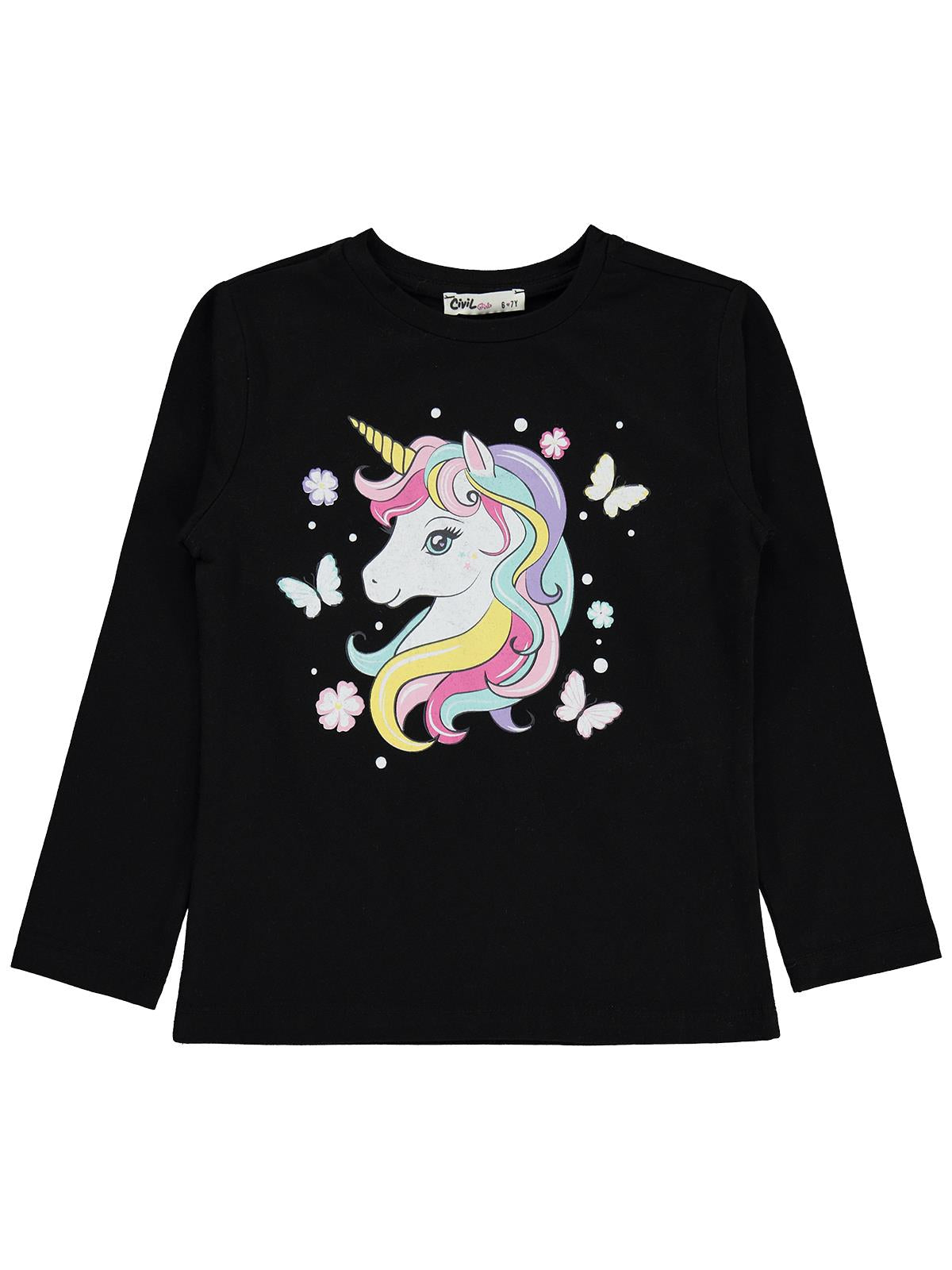 Civil Girls Unicorn Baskılı 6-9 Yaş Sweatshirt - Siyah