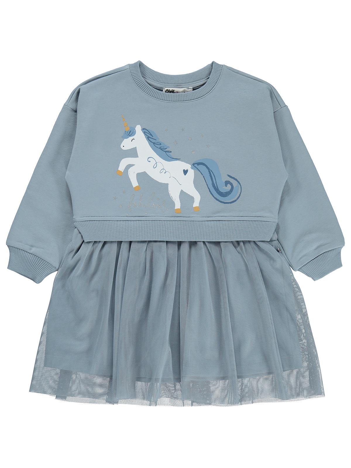 Civil Girls Unicorn Baskılı Tül Etekli 2-5 Yaş Elbise - Mavi