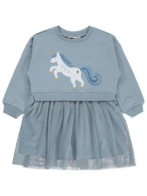 Civil Girls Unicorn Baskılı Tül Etekli 2-5 Yaş Elbise - Mavi