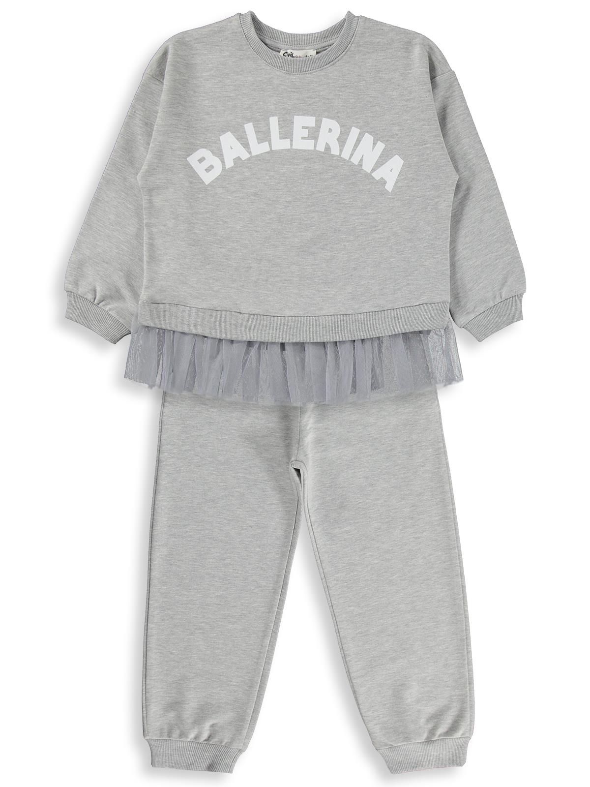 Civil Kız Çocuk Ballerina Baskılı Eşofman Takımı | 2 İp - 2 İp | Okul Kreş ve Günlük Kullanım - Gri
