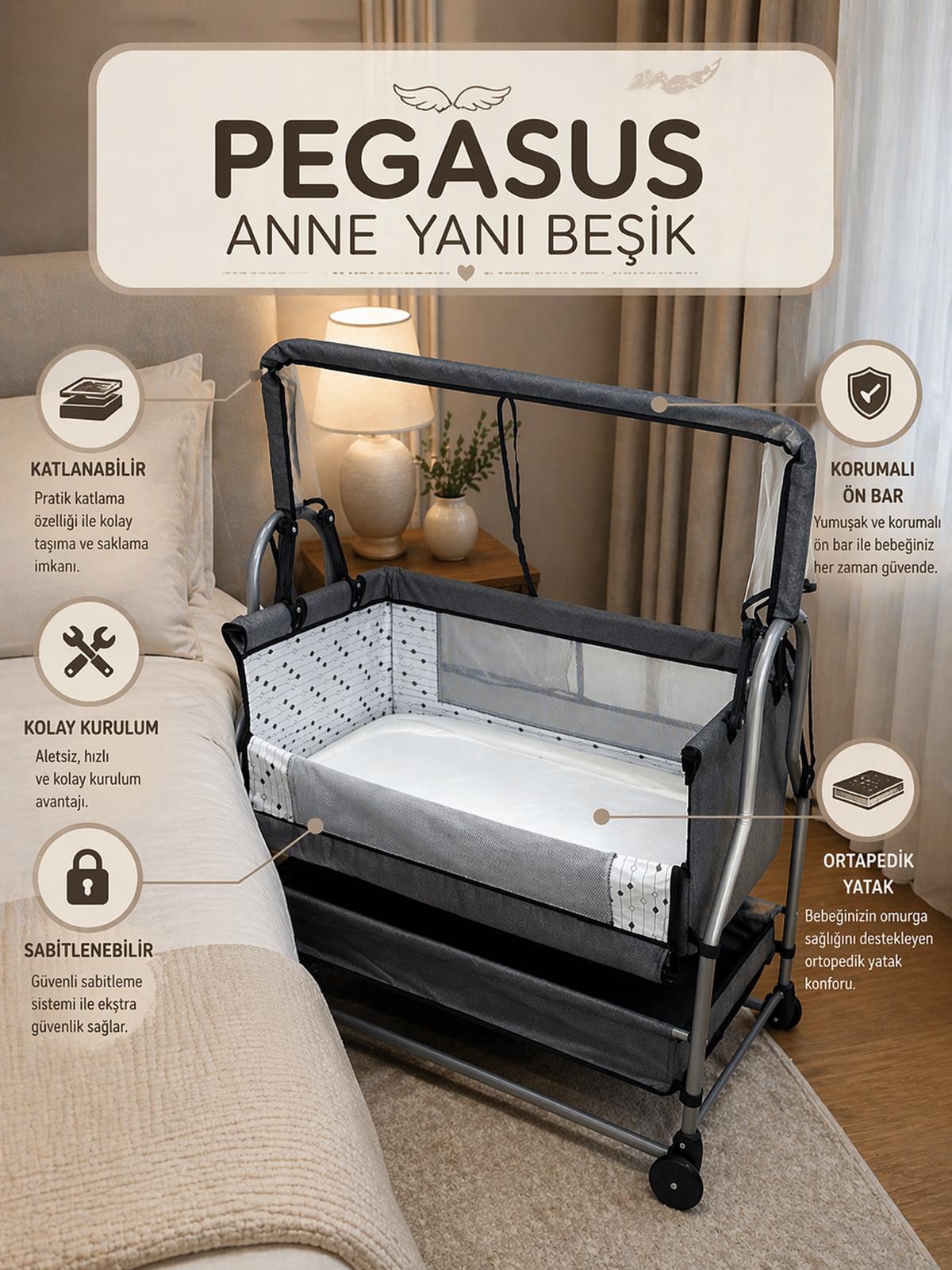 Kujju Pegasus Anne Yanı Katlanır Bebek Beşiği 50x90 Cm - Gri
