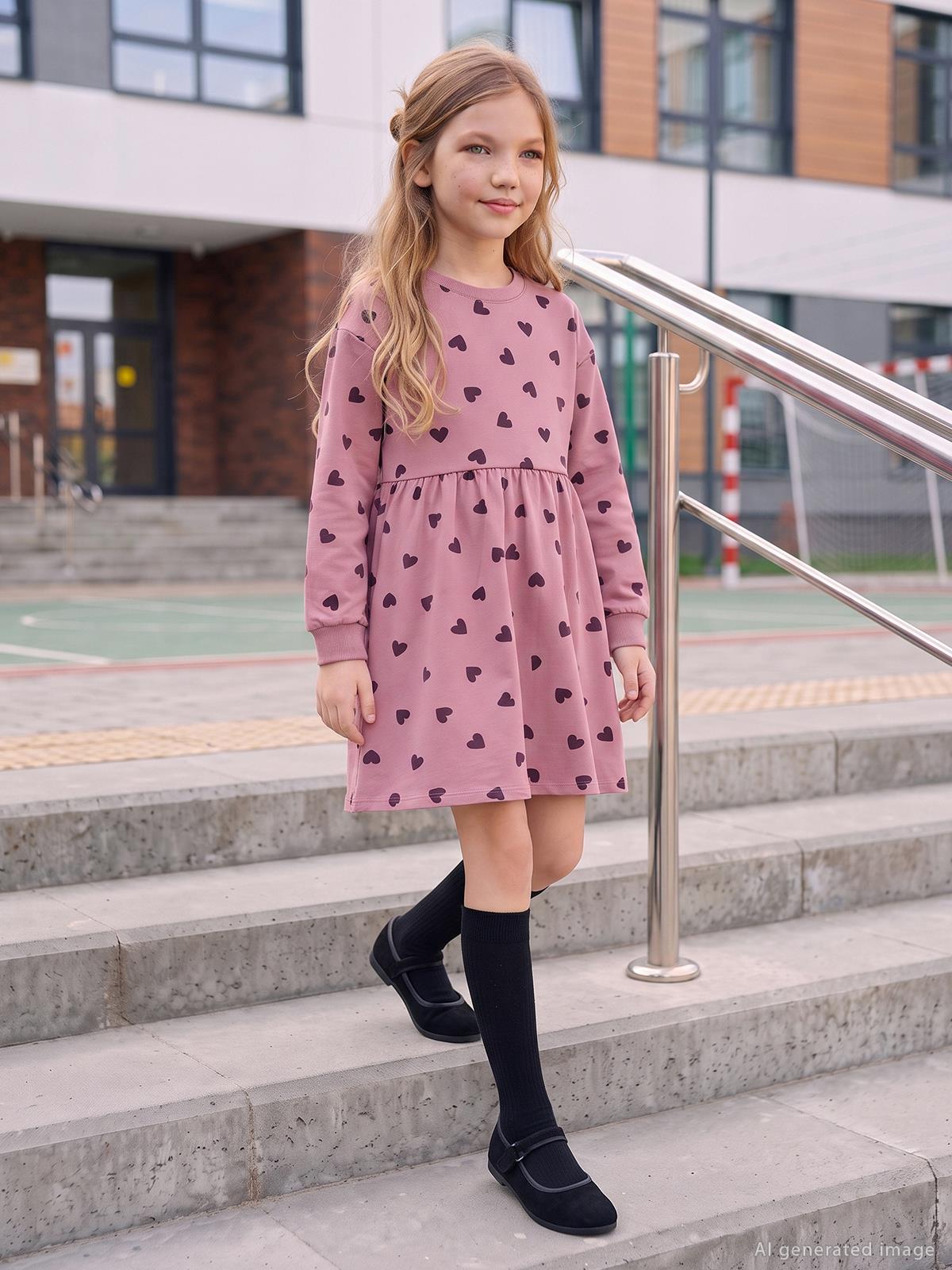 Civil Girls Kalp Desenli 6-9 Yaş Elbise - Pembe