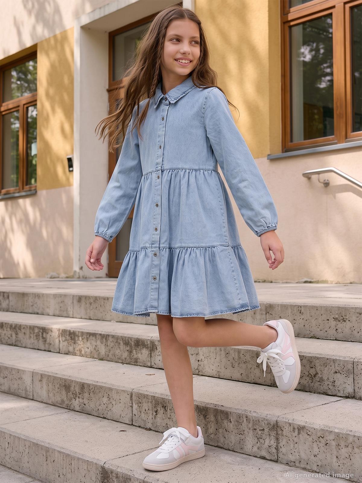 Civil Girls Denim Gömlek 10-13 Yaş Elbise - Mavi
