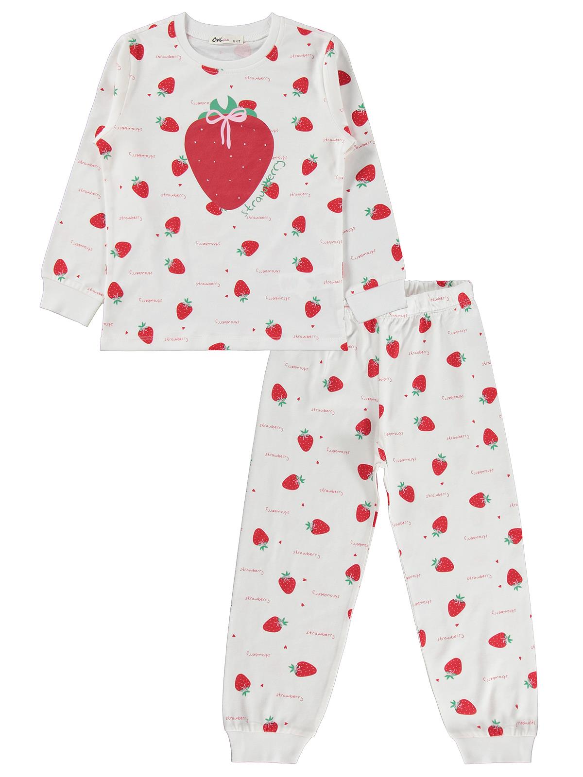 Civil Kız Çocuk Çilek Desenli Pijama Takımı | Süprem-Süprem Uzun Kol | Okul Kreş ve Günlük Kullanım - Ekru