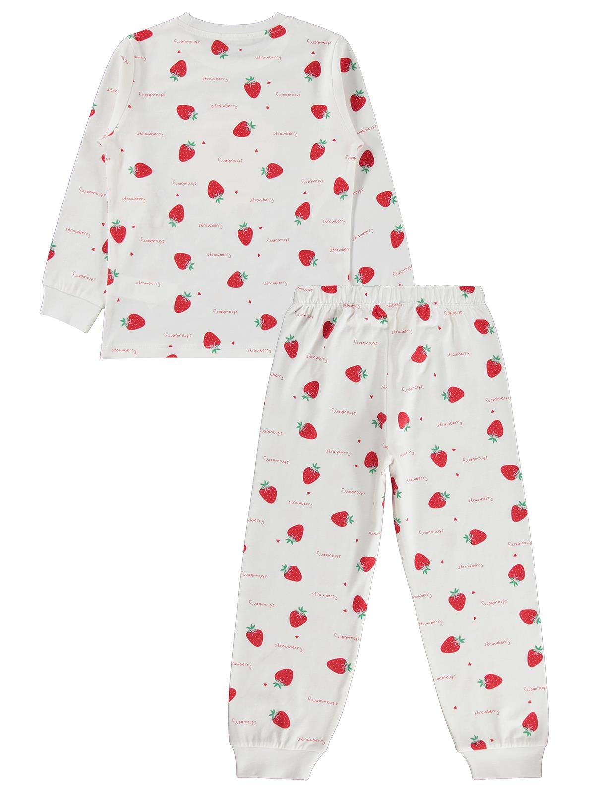 Civil Kız Çocuk Çilek Desenli Pijama Takımı | Süprem-Süprem Uzun Kol | Okul Kreş ve Günlük Kullanım - Ekru