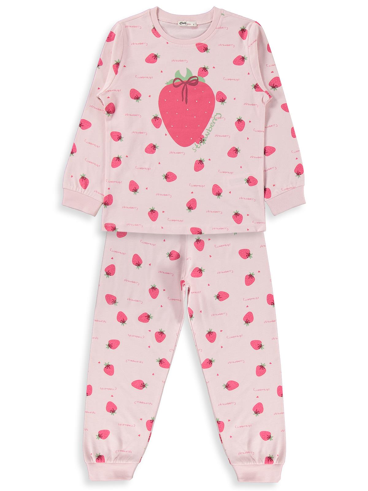 Civil Girls Kız Çocuk Çilek Desenli Pijama Takımı | Süprem-Süprem Uzun Kol | Okul Kreş ve Günlük Kullanım - Pudra