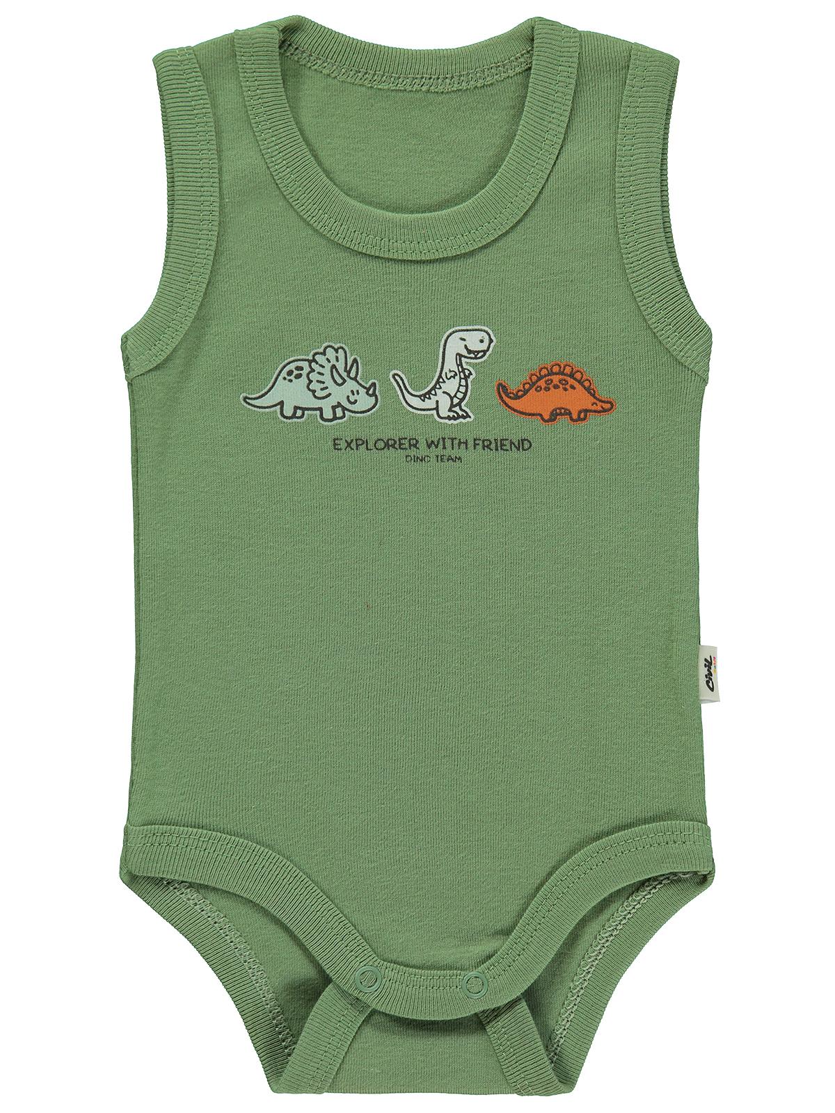 Civil Baby Dinozor Arkadaşlar Baskılı 0-3 Yaş Çıtçıtlı Badi - Haki