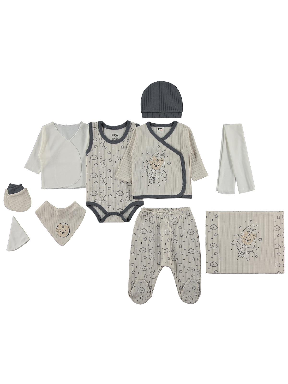 Civil Baby Roketli Ayı Baskılı  Zıbın Setleri - Ekru