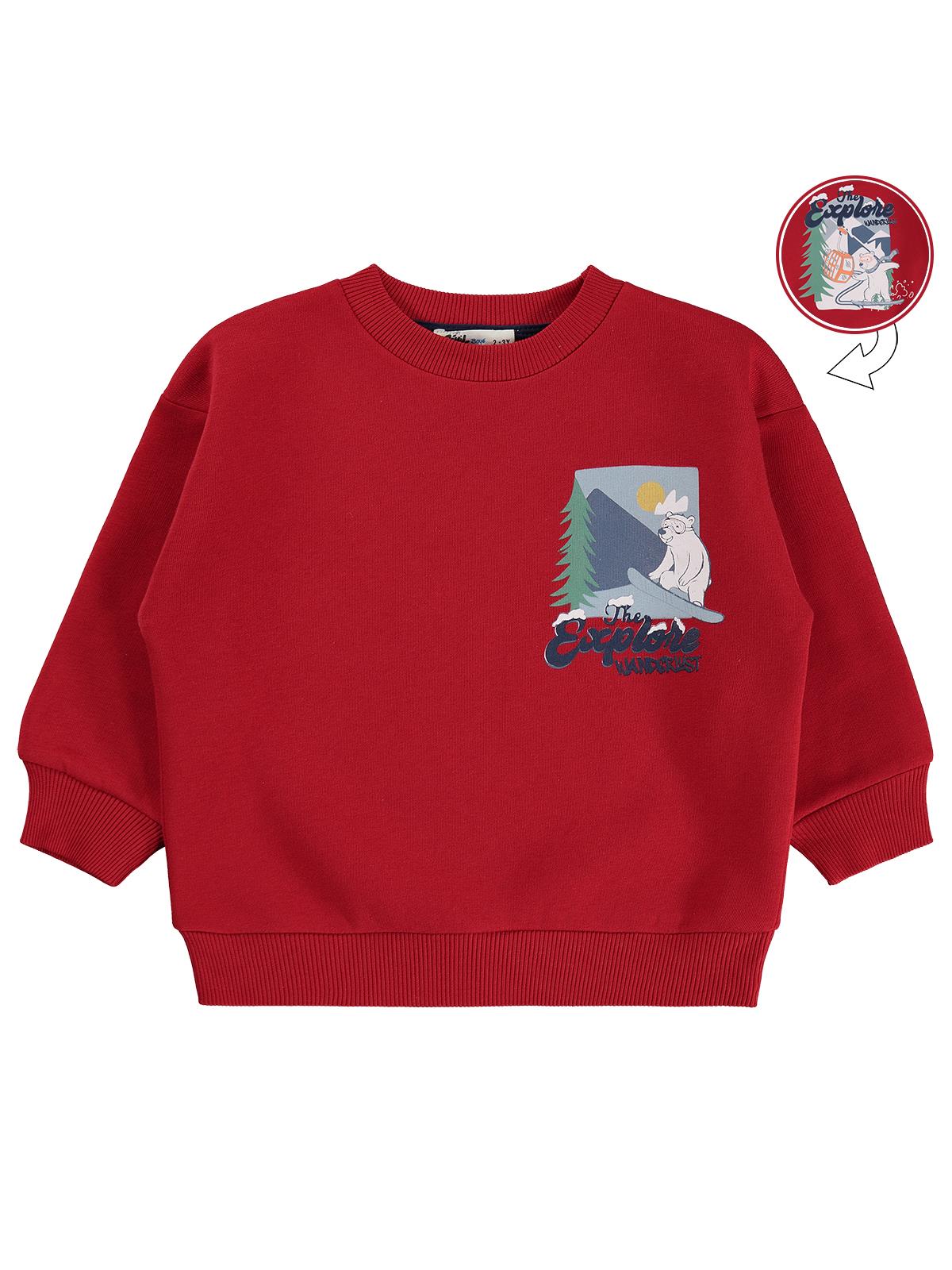 Civil Erkek Çocuk Explore Baskılı Sweatshirt | 3 İp Uzun Kol | Okul Kreş ve Günlük Kullanım - Kırmızı