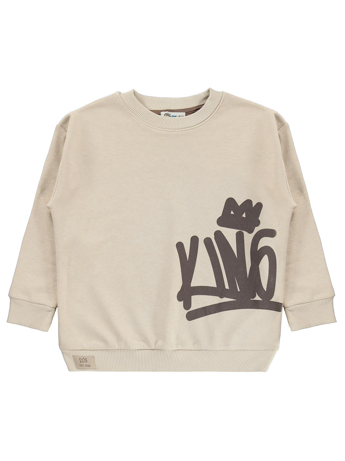 Civil Erkek Çocuk Kıng Baskılı Sweatshirt | 3 İp Uzun Kol | Okul Kreş ve Günlük Kullanım - Bej