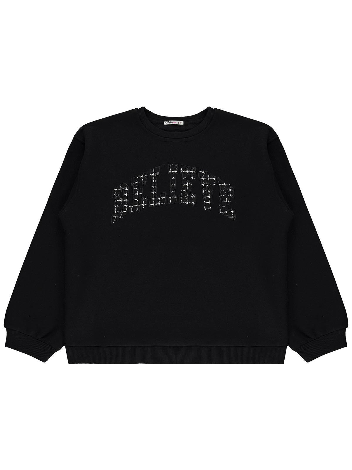 Civil Kız Çocuk Believe Nakışlı Sweatshirt | 3 İp Uzun Kol | Okul Kreş ve Günlük Kullanım - Siyah