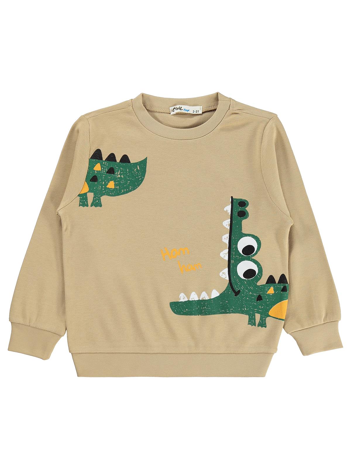 Civil Erkek Çocuk Timsah Baskılı Sweatshirt | İnterlok Uzun Kol | Okul Kreş ve Günlük Kullanım - Bej